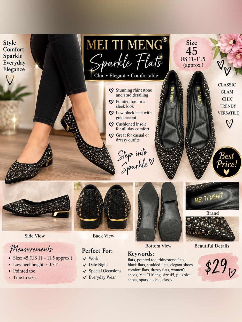 Black Embellished Pointed Ballet Flats